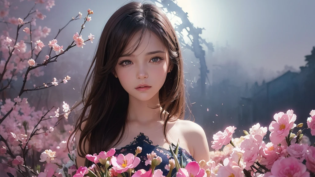 32k, Masterpiece, Highest quality, One girl, Brown Hair, Detailed eyes, flower,Freesia, Pink and navy style,A dreamy, romantic piece,Pale yellow, Mysterious Leaves,A playful arrangement,Fantasy,High Contrast,Ink strokes,explosion,Exposure, Impression of pink and navy tones,Abstract,((Watercolours by John Berkey and Jeremy Mann )) Brush strokes,Negative Space, Tyndall effect,
