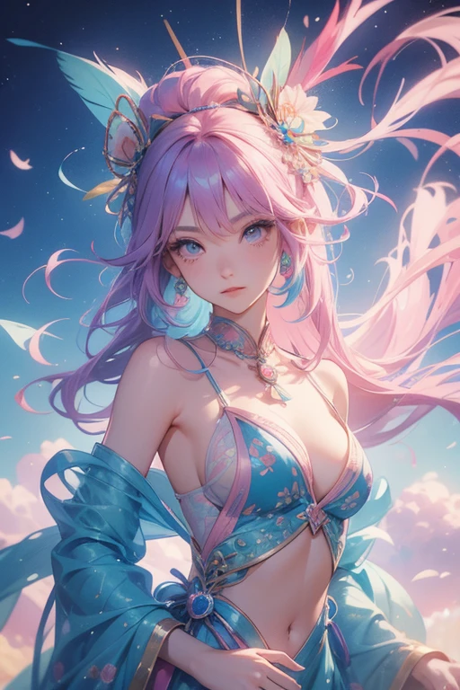Girl with blue-pink hair and peacock feathers, Inspired by Narihiko-kun, society, 🌺 Anime Style. 8K, Anime Style 3D, Popular with CGstation, 8K high quality detail art, Gubes-style artwork, Fantasy art style, Realistic anime 3D style, Anime inspiration, Anime Style mixed with Fujifilm