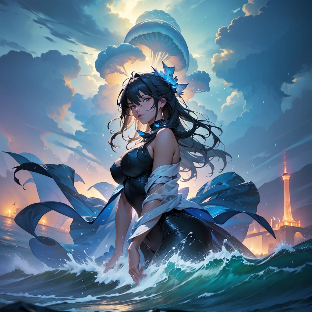 Ridiculous resolution, high resolution, (Masterpiece:1.4), super detailed, beach raining hard, thunder impacting the water and jellyfish, very dark night, very bright