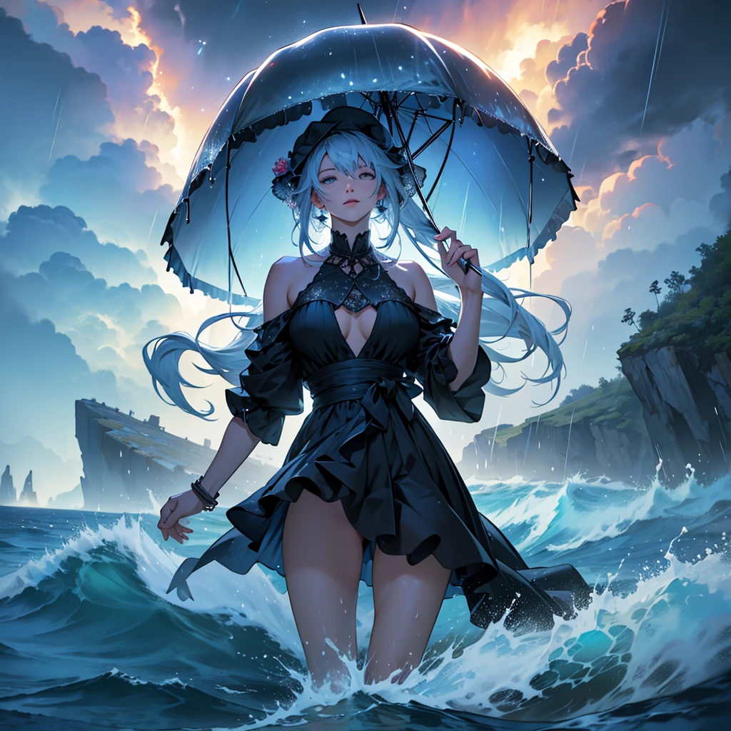 official arts, 8k unity wallpaper, ultra-detailed, beautiful and aesthetically pleasing, masterpiece, best quality, (tangle, and Mandala, fist, mesh), (fractal art: 1.3), beach raining hard, thunder impacting the water, very dark night, 1 girl, dark-transparent umbrella, short black sexy dress inspired by mermaids swaying in the wind, backwards, dark-transparent sexy veil covering her mouth, White hair, pearls, bubbles, dark storm night, blue lights from the sky