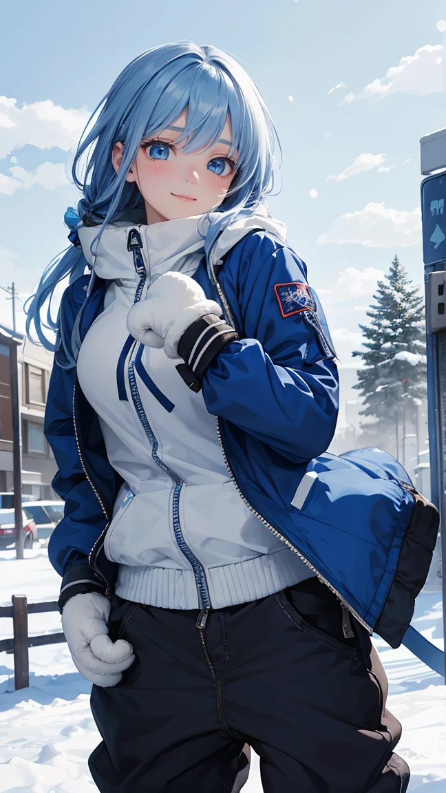 human embodiment of winter, winter girl she has blue hair, (zipped-up blue jacket), (mittens), (baggy pants), blue eyes, snowy day, snow particles, clouds, happy expression, she is petting a fluffy white dog in the snow ,perfect hands, nice hands
