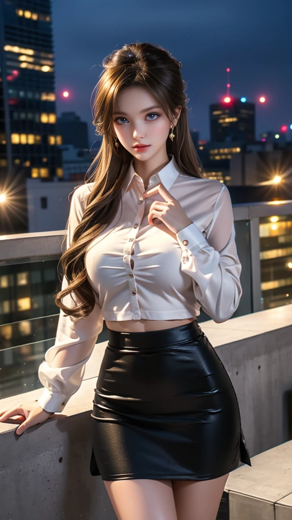 (full body shot), ultra-detailed, realistic, photorealistic:1.37, beautiful detailed eyes, beautiful detailed lips, extremely detailed face, long eyelashes, intimate view, slender, soft lighting, vibrant colours, random hairstyle, random hair colour, light brown eyes, flawless skin texture, perky, gentle breeze, sexy secretary, sheer black long sleeve shirt, tight skirt with bra on, on rooftop patio in the middle of a concrete jungle, night.