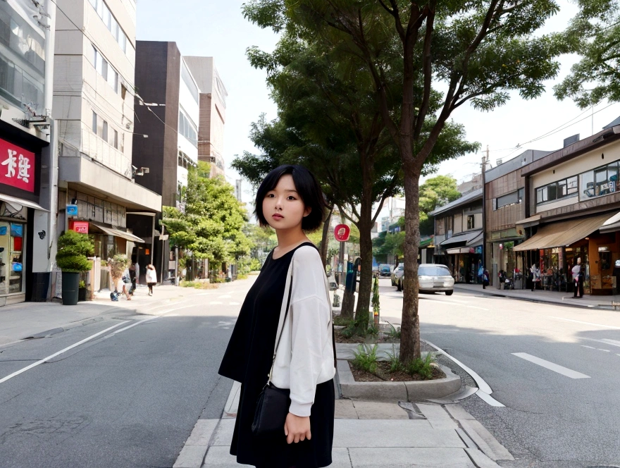 beautiful girl、Chubby、Turned away、Asian Woman、Beaver、、short hair、Black-haired、Casual clothing、Japanese、On the street、Light background、Tree-lined street