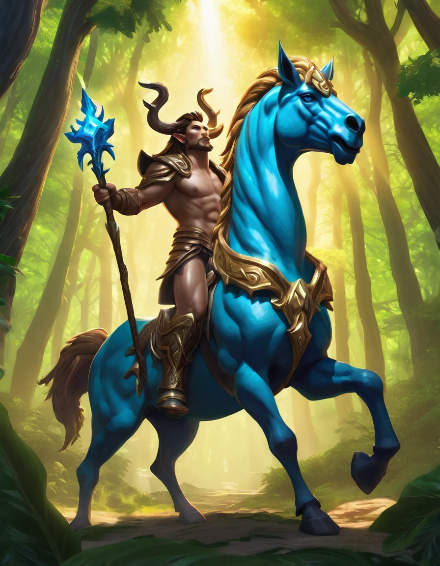 Full body of World of Warcraft style illustration of a male man centaur in the woods, cernunnos, male centaur centaur chimera, imposing god, a centaur, centaur horse, centaur from greek mythology, centaur, hearthstone card game artwork. ”, hearthstone card artwork, world of warcraft art style, Centauro, hearthstone card game artwork, Concept Art, Side profile, sunlight, Cinematic, sharp focus, vibrant colors,high saturation,high contrast,very high resolution,HDR,8k