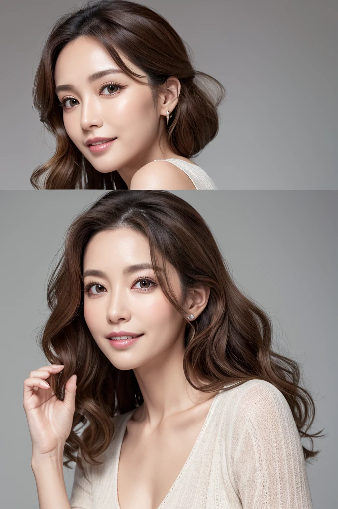 Cute Japan Mature Woman, Brown Hair,Perfect Skin,Cute seductive smile, ((nude)),whole body,Big Breasts, pubic hair,Cute Face,Cute expression,((Beautiful woman)), ((Mature Woman)),Split the screen in two,split screens,2split screens,Two beauties