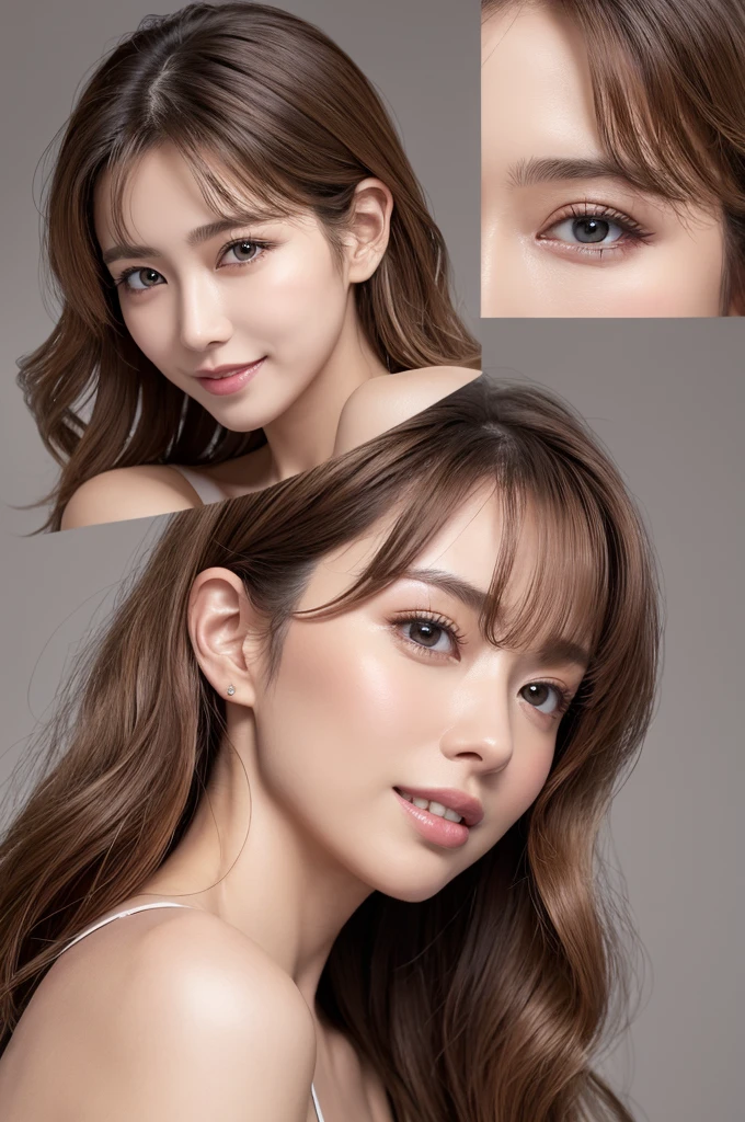 (the Extremely Detailed CG Unity 8K Wallpapers,masutepiece, Best Quality, Ultra-detailed), Gray background, 60-year-old female living in Japan, 60-year-old female born in Osaka,、Delicate contours、((eyes are thin and distant))、Eye color dark brown or warm hazel brown, Eyebrows are shaped while keeping their natural shape、wide forehead, The nose is small and delicate,、(The mouth is shaped like a very large and soft smile)、Well-groomed white teeth enhance your smile, Hair length to the shoulder blades、(The hair was firmly put back in a bun), There are beautiful curls and waves, hair-color:Brown or blonde, showing teeth
