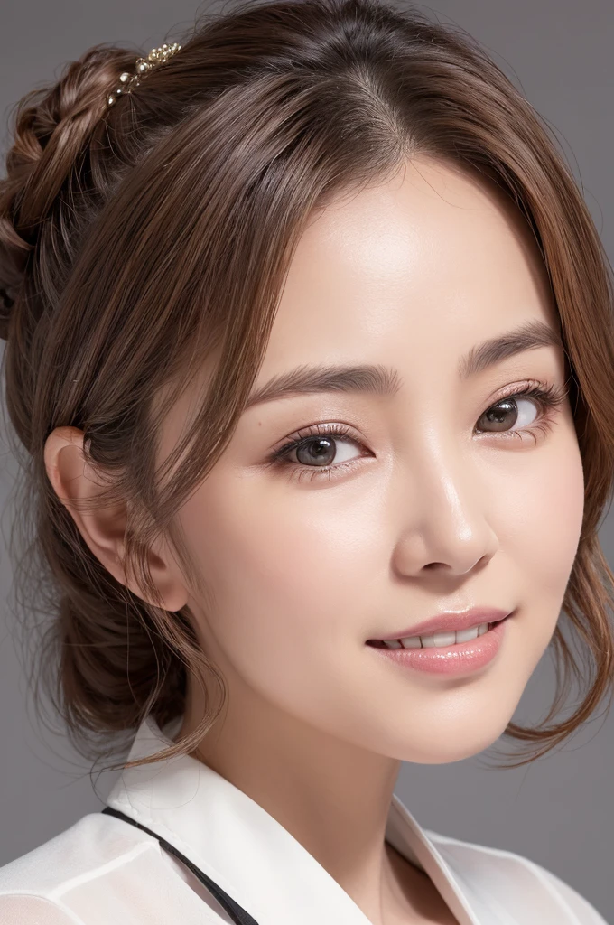 (the Extremely Detailed CG Unity 8K Wallpapers,masutepiece, Best Quality, Ultra-detailed), Gray background, 60-year-old female living in Japan, 60-year-old female born in Osaka,、Delicate contours、((eyes are thin and distant))、Eye color dark brown or warm hazel brown, Eyebrows are shaped while keeping their natural shape、wide forehead, The nose is small and delicate,、(The mouth is shaped like a very large and soft smile)、Well-groomed white teeth enhance your smile, Hair length to the shoulder blades、(The hair was firmly put back in a bun), There are beautiful curls and waves, hair-color:Brown or blonde, showing teeth

