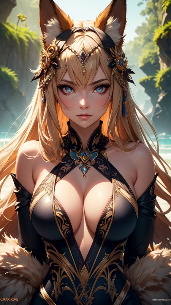 a beautiful hybrid woman-fox wearing a swimsuit, detailed facial features, large expressive eyes, elegant posture, lush fur, intricate patterns, warm colors, cinematic lighting, fantasy, highly detailed, 8k, photorealistic, masterpiece