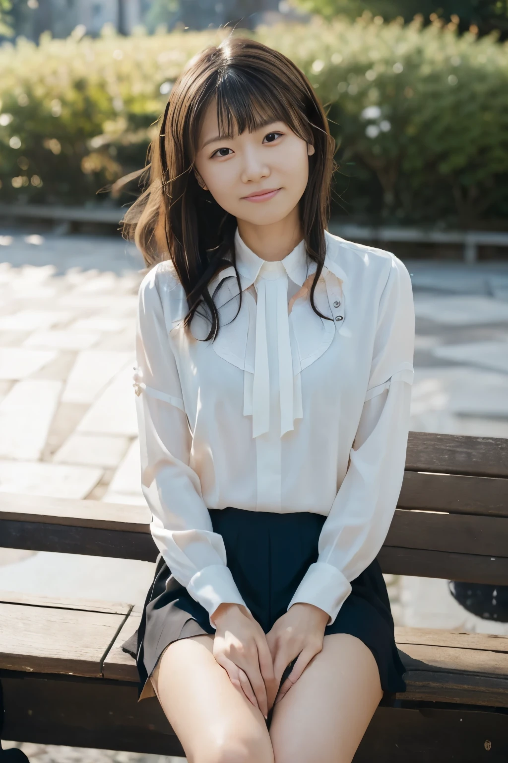 ((from below:1.5)), ((whole body:1.5)), (ultra detailed), (masterpiece), (best quality), Highest quality, Realistic, Surreal, Highest quality, Extremely detailed CG, Very delicate and beautiful, 16k wallpaper, High resolution, 1 Girl, 38歳の日本people々woman, (small eyes:1.5), ((Two very small moles on my right cheek:1.5)), (Skin dents), Medium Chest, (bright), (Professional Lighting), (On University Campus), people々, Long Hair, (bangs:1.5), (blouse:1.5), (I wore it:0.8), Nice, bloom, Floating Hair, (Dynamic pose:0.6), sunset, ((bench)), ((Sitting)), ((Spread your legs)), (Shy Smile:1.2), Thin lips, slim, (Highly detailed face), (Highly detailed facial expressions), (Face the front completely:1.5), ((Looking into the camera:1.5)), Slender body, Large file size,