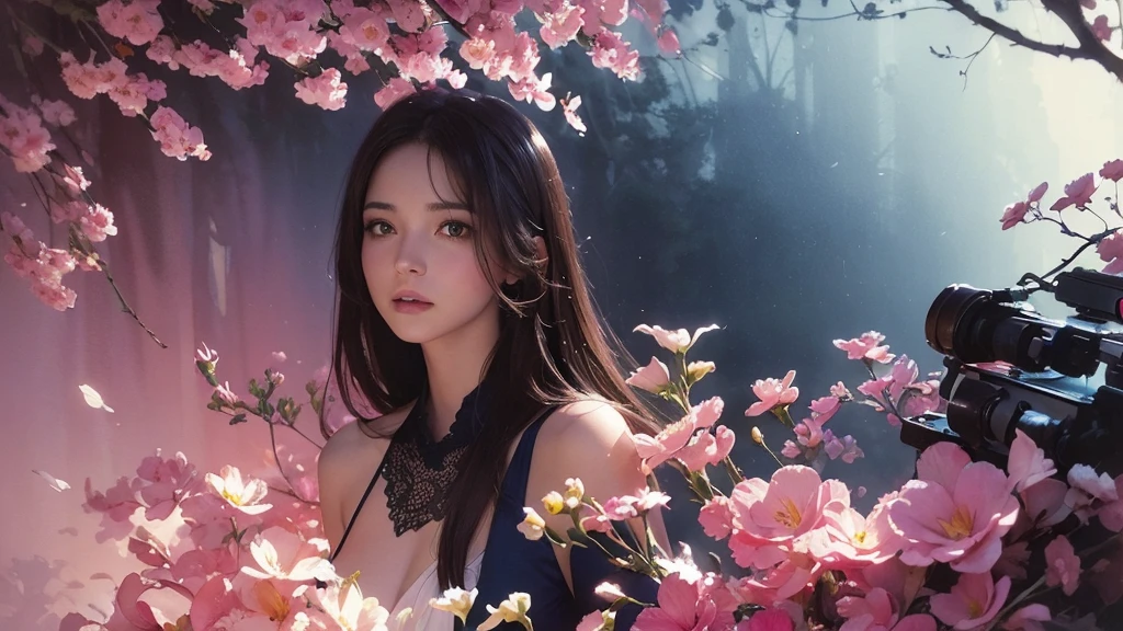 32k, Masterpiece, Highest quality, One girl, Brown Hair, Detailed eyes, flower,Freesia, Pink and navy style,A dreamy, romantic piece,Pale yellow, Mysterious Leaves,A playful arrangement,Fantasy,High Contrast,Ink strokes,explosion,Exposure, Impression of pink and navy tones,Abstract,((Watercolours by John Berkey and Jeremy Mann )) Brush strokes,Negative Space, Tyndall effect,