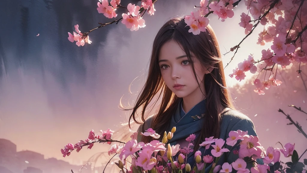 32k, Masterpiece, Highest quality, One girl, Brown Hair, Detailed eyes, flower,Freesia, Pink and navy style,A dreamy, romantic piece,Pale yellow, Mysterious Leaves,A playful arrangement,Fantasy,High Contrast,Ink strokes,explosion,Exposure, Impression of pink and navy tones,Abstract,((Watercolours by John Berkey and Jeremy Mann )) Brush strokes,Negative Space, Tyndall effect,