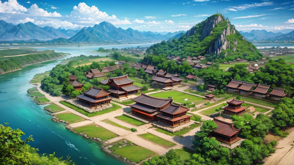 Asian ancient village seen from above, There are rivers, There are mountains, Photorealistic photos, 8K