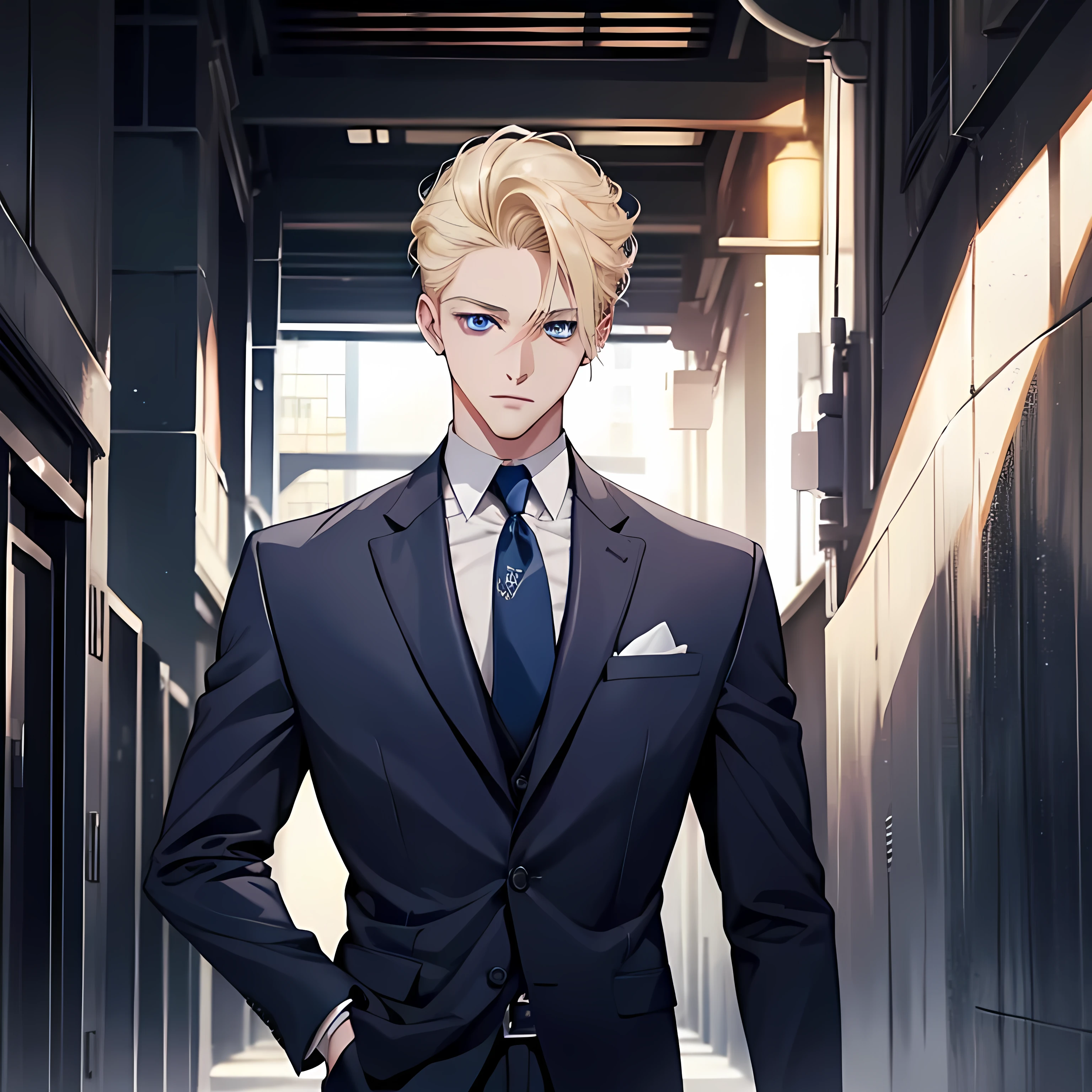 high resolution、high quality、Adult male、Blonde hair and blue eyes、Grey suit and navy blue tie、mafia、cool