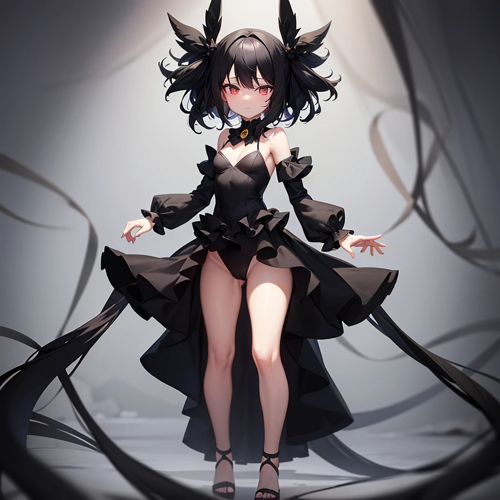(((Black elegant dress))),(Luxurious),(In a naughty way),Cute little loli,Tiny Lori,Small girl,,Childish face, Very fine clean face,Top quality, Big eyes,Straight Hair,Yellow hair,Crimson Eye,(Dark Room), Subtle light, Natural light,Soft lighting,Light from directly behind, (Are standing), Cute pose, (Open your hands), Showing the whole body,Front view,Black background
