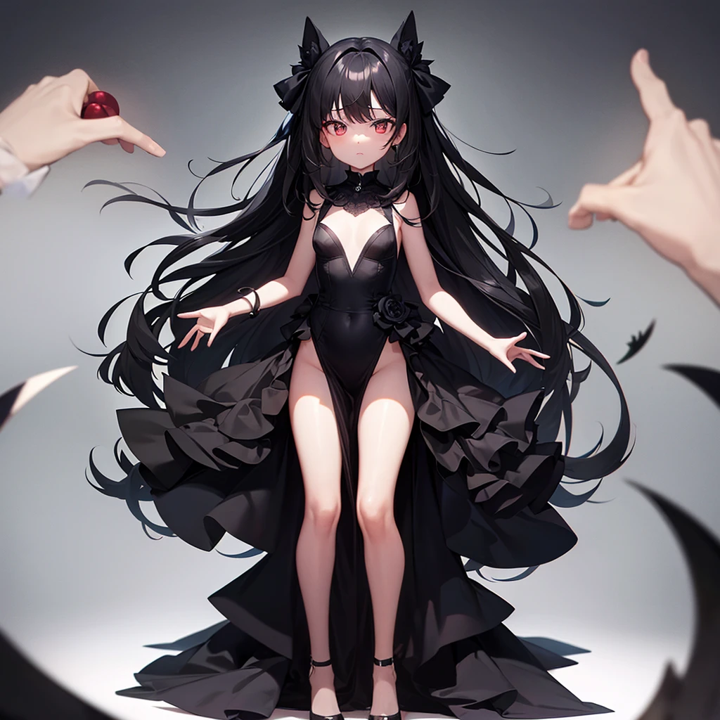 (((Black elegant dress))),(Luxurious),(In a naughty way),Cute little loli,Tiny Lori,Small girl,,Childish face, Very fine clean face,Top quality, Big eyes,Straight Hair,Yellow hair,Crimson Eye,(Dark Room), Subtle light, Natural light,Soft lighting,Light from directly behind, (Are standing), Cute pose, (Open your hands), Showing the whole body,Front view,Black background