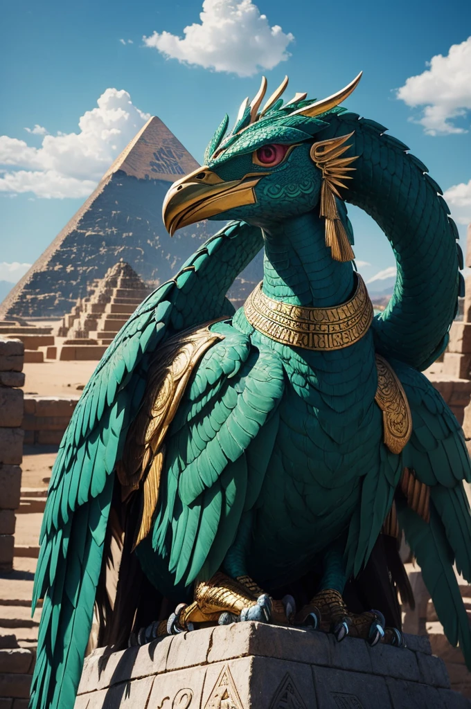 ((best quality)), ((masterpiece)), (detailed), perfect face The God Quetzalcoatl with a pyramid in the background