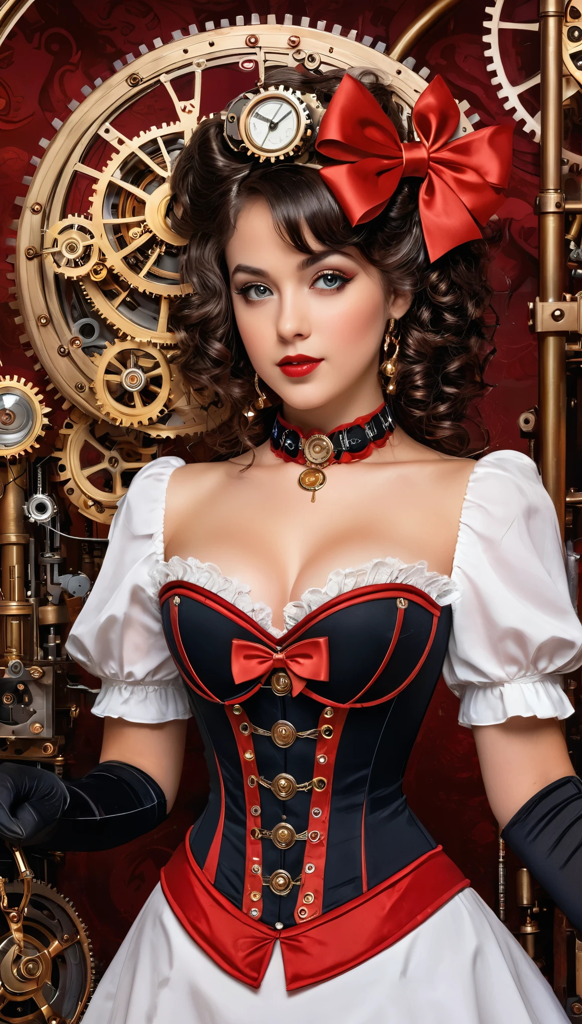 A highly detailed steampunk-themed illustration of a young woman with a vintage, pin-up style appearance. She has curly black hair styled with a large red bow and is dressed in a revealing corset with red and white accents, adorned with various steampunk gears and accessories. She is holding a small, intricate steampunk device in her gloved hand. Her large eyes and rosy cheeks give her a doll-like appearance. The background features a complex array of clockwork mechanisms, vintage machinery, and glowing elements, contributing to the rich steampunk aesthetic. The overall color scheme includes metallic golds, rich reds, and contrasting white, enhancing the retro-futuristic style.