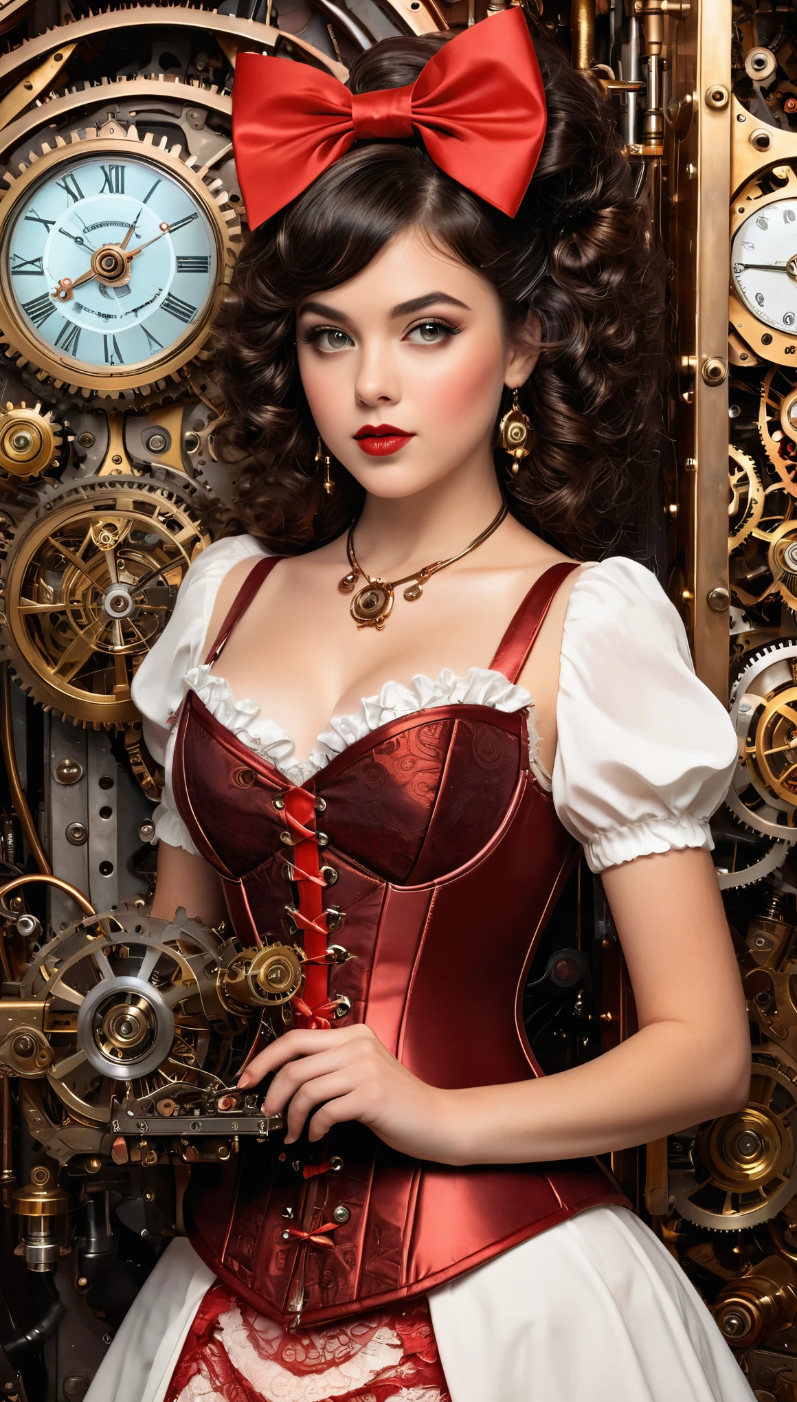 A highly detailed steampunk-themed illustration of a young woman with a vintage, pin-up style appearance. She has curly black hair styled with a large red bow and is dressed in a revealing corset with red and white accents, adorned with various steampunk gears and accessories. She is holding a small, intricate steampunk device in her gloved hand. Her large eyes and rosy cheeks give her a doll-like appearance. The background features a complex array of clockwork mechanisms, vintage machinery, and glowing elements, contributing to the rich steampunk aesthetic. The overall color scheme includes metallic golds, rich reds, and contrasting white, enhancing the retro-futuristic style.