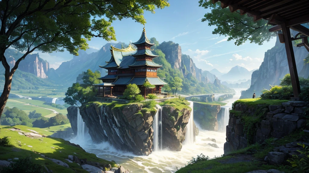 The photo depicts a mystical landscape with soaring rock formations, covered with green trees. A river flows through the landscape, cascading down in a series of waterfalls before flowing under an ornate bridge. Nestled among the rocks and trees are traditional East Asian-style houses with tiered roofs, one of them glowed warmly as if there was light inside. Behind are hazy mountain ranges, contributes to creating a peaceful and magical atmosphere for the photo.