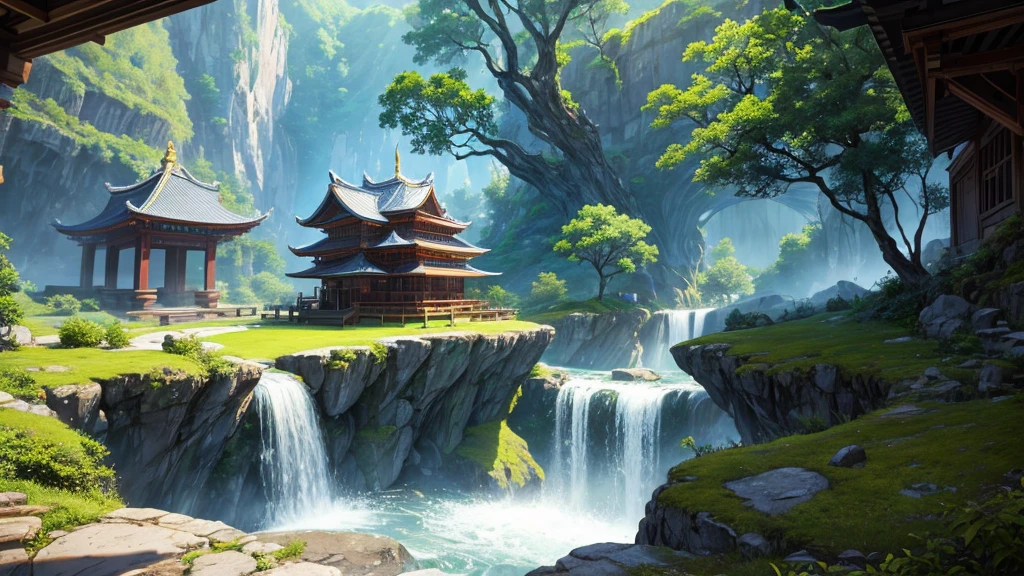 The photo depicts a mystical landscape with soaring rock formations, covered with green trees. A river flows through the landscape, cascading down in a series of waterfalls before flowing under an ornate bridge. Nestled among the rocks and trees are traditional East Asian-style houses with tiered roofs, one of them glowed warmly as if there was light inside. Behind are hazy mountain ranges, contributes to creating a peaceful and magical atmosphere for the photo.