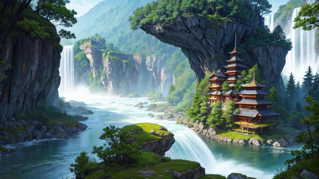 The photo depicts a mystical landscape with soaring rock formations, covered with green trees. A river flows through the landscape, cascading down in a series of waterfalls before flowing under an ornate bridge. Nestled among the rocks and trees are traditional East Asian-style houses with tiered roofs, one of them glowed warmly as if there was light inside. Behind are hazy mountain ranges, contributes to creating a peaceful and magical atmosphere for the photo.