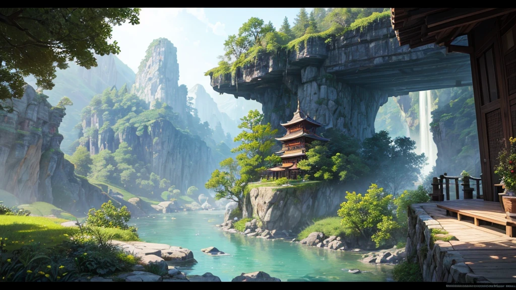 The photo depicts a mystical landscape with soaring rock formations, covered with green trees. A river flows through the landscape, cascading down in a series of waterfalls before flowing under an ornate bridge. Nestled among the rocks and trees are traditional East Asian-style houses with tiered roofs, one of them glowed warmly as if there was light inside. Behind are hazy mountain ranges, contributes to creating a peaceful and magical atmosphere for the photo.