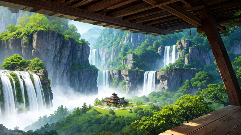 The photo depicts a mystical landscape with soaring rock formations, covered with green trees. A river flows through the landscape, cascading down in a series of waterfalls before flowing under an ornate bridge. Nestled among the rocks and trees are traditional East Asian-style houses with tiered roofs, one of them glowed warmly as if there was light inside. Behind are hazy mountain ranges, contributes to creating a peaceful and magical atmosphere for the photo.