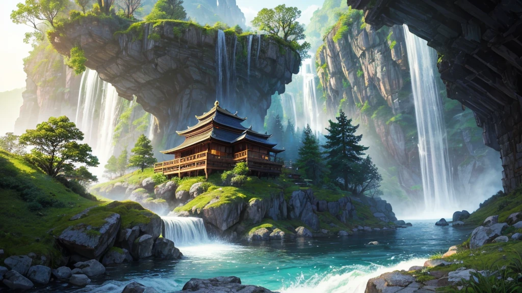 The photo depicts a mystical landscape with soaring rock formations, covered with green trees. A river flows through the landscape, cascading down in a series of waterfalls before flowing under an ornate bridge. Nestled among the rocks and trees are traditional East Asian-style houses with tiered roofs, one of them glowed warmly as if there was light inside. Behind are hazy mountain ranges, contributes to creating a peaceful and magical atmosphere for the photo.