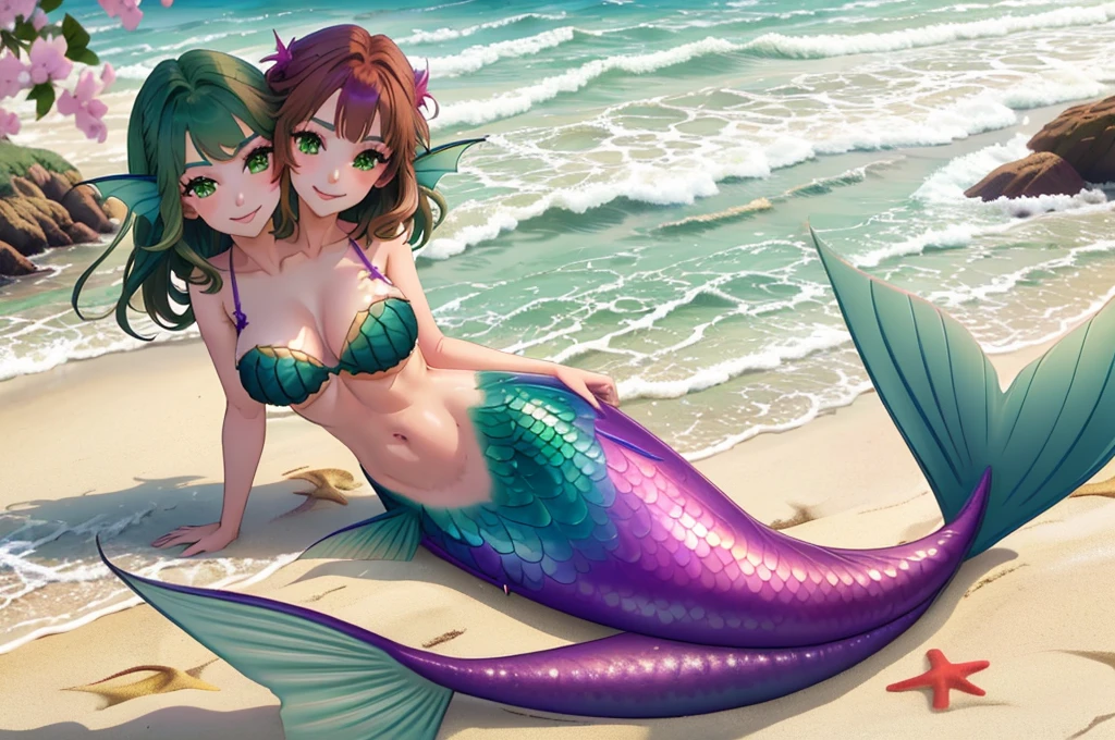 masterpiece, best quality:1.2), 1girl, smile, looking at viewer, green eyes, short brown hair, short green hair, mermaid, mermaid girl, wearing purple seashell bra, laying on beach across the sand, multicolored mermaid tail, outdoors, head fins, fin ears, under cherry blossoms, conjoined, (two heads: 1.5),