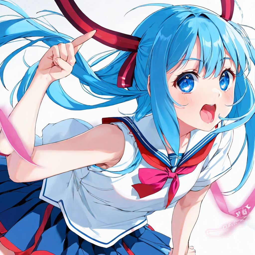 (angry style) (Tsundere mode) ( yo, solo forehead blue hair long hair cute girl, lovely blue eyes, angry face, pink lip open mouth), break, (in a summer school sailor suit, red ribbon, skirt), (index finger raised), BREAK, perfect anatomy, masterpiece, best quality, 16k, beautiful detailed grow, daydreaming expression.