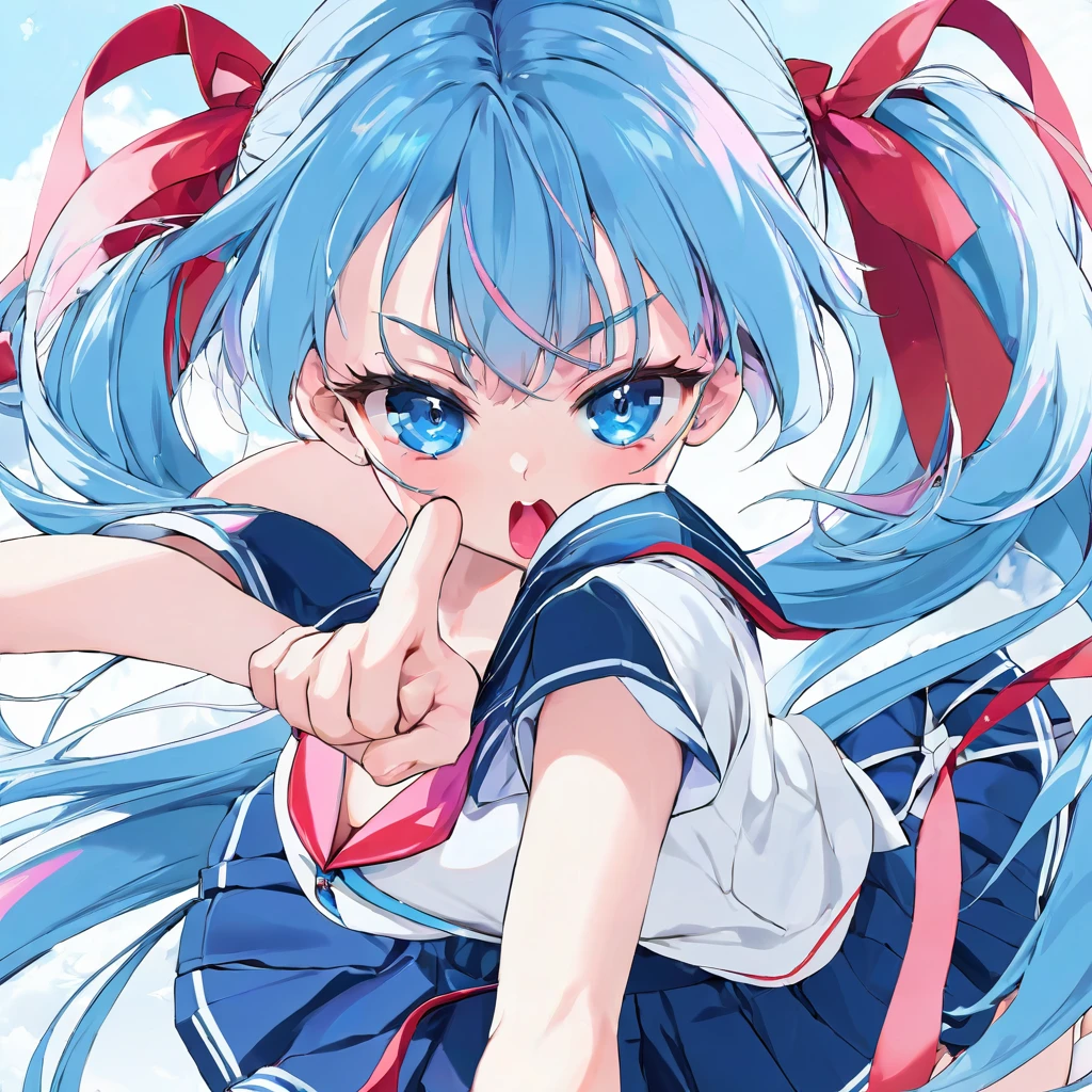 (angry style) (Tsundere mode) (15 yo, solo forehead blue hair long hair cute girl, lovely blue eyes, angry face, pink lip open mouth), break, (in a summer school sailor suit, red ribbon, skirt), (index finger raised), BREAK, perfect anatomy, masterpiece, best quality, 16k, beautiful detailed grow, daydreaming expression.