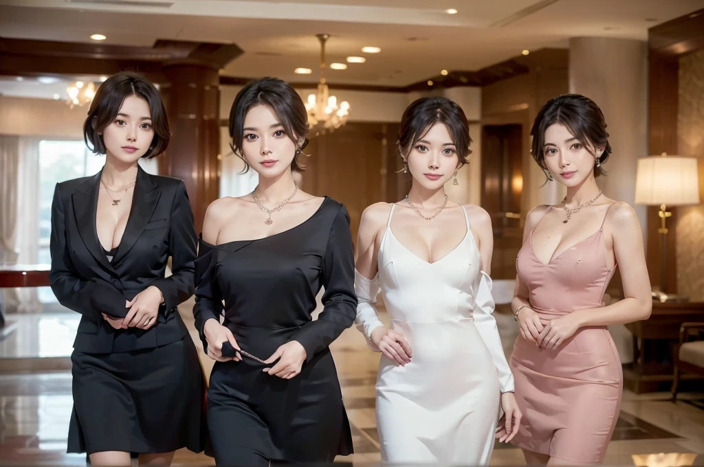 (Neat women in formal wear in the hotel lobby.:1.3) They are wearing pearl necklaces and earrings. They carry small black bags.beautiful eyes.One female voice is wearing a party dress revealing her shoulders.Beautiful face. Very realistic photographs.Small but beautiful breast shape. A little cleavage is visible.There are a lot of people around.Dresses in different colours and shapes.,asian girl