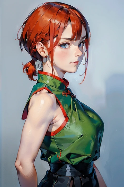 (8k, RAW photo, best quality, masterpiece:1.2), RanmaChan, RanmaRedShirt, red panty, turn back, show her butt　　((masterpiece:1.4)), high quality, very_high_resolution, large_filesize, full color, heavy outline, clear outline, colorful, (beautiful detailed eyes), ((beautiful face:1.0)), ((boyish face:1.4)), 1 girl, (femaleranma), (red hair), short hair, (braided ponytail), ((bangs)), bumpy bangs, blue-gray eyes, big breasts, curvy, femaleranma, braided ponytail, (red chinese clothes), sleeveless, tangzhuang, black pants, cameltoe, standing, upper body, ((from front:1.4)), ((portrait:1.8)), ((face focus:1.4)), (angry),　((masterpiece)), high quality, very_high_resolution, large_filesize, full color, heavy outline, clear outline, colorful, (beautiful detailed eyes), (beautiful face:1.3), (boyish face:1.3), 1 girl, (femaleranma), (red hair), short hair, (braided ponytail), ((bangs)), bumpy bangs, blue-gray eyes, big breasts, curvy, black-wristbands, femaleranma, braided ponytail, chinese clothes, sleeveless, tangzhuang, black pants, cameltoe, standing, upper body, ((from side:1.4)), smile,
