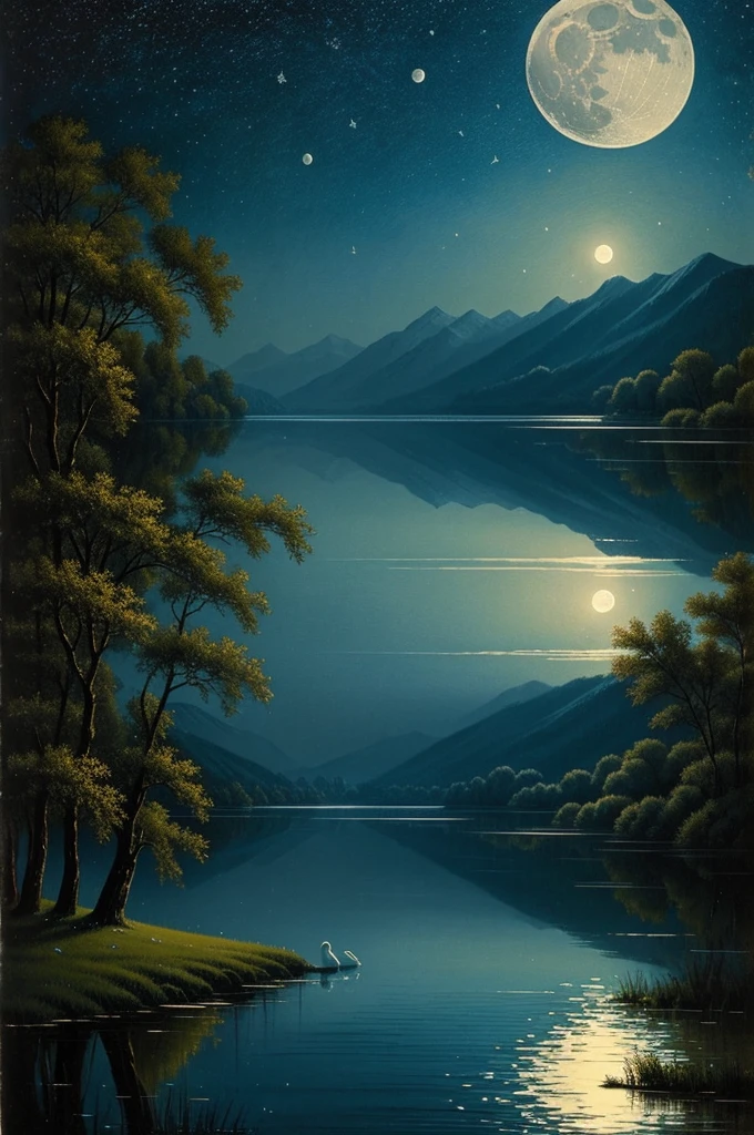 Kuindzhi style Two Swans on the lake. reflection of stars on the water . moon light , bushes along the shore,