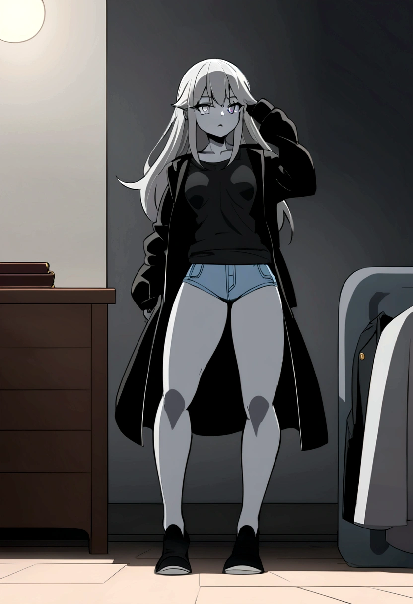 anime style girl 1,70 long light gray hair gray skin shark teeth and gray eyes and light gray pupils very thick and strong legs but no breasts posing to see her clothes from behind in her room she is dressed in a large closed black jacket and a short shotr of a jean 