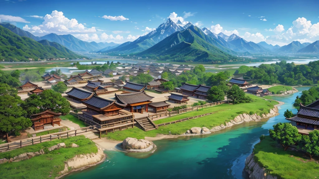Asian ancient village seen from above, There are rivers, There are mountains, Photorealistic photos, 8K