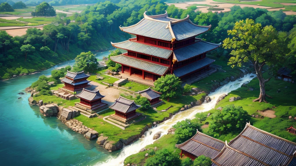 Asian ancient village seen from above, There are rivers, There are mountains, Photorealistic photos, 8K