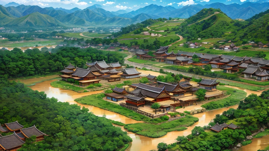 Asian ancient village seen from above, There are rivers, There are mountains, Photorealistic photos, 8K