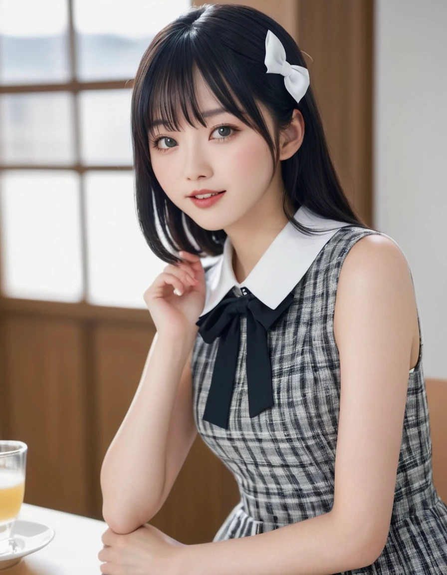 (8K, 4K, Best Quality, High Definition, Ultra High Definition: 1.1), (Masterpiece, Realistic, Photorealistic: 1.1), 1girl, Japanese woman, model's expression, Smooth, straight black hair with bangs, large expressive eyes with a hint of eyeliner, clear fair skin with a natural glow, a friendly warm smile with straight white teeth, wearing a stylish dress with a white collar and black bow featuring a checkered pattern, posing with hands raised near the face displaying a cheerful and approachable demeanor, ensure the overall look is appealing to a wide audience while maintaining elegance and beauty.