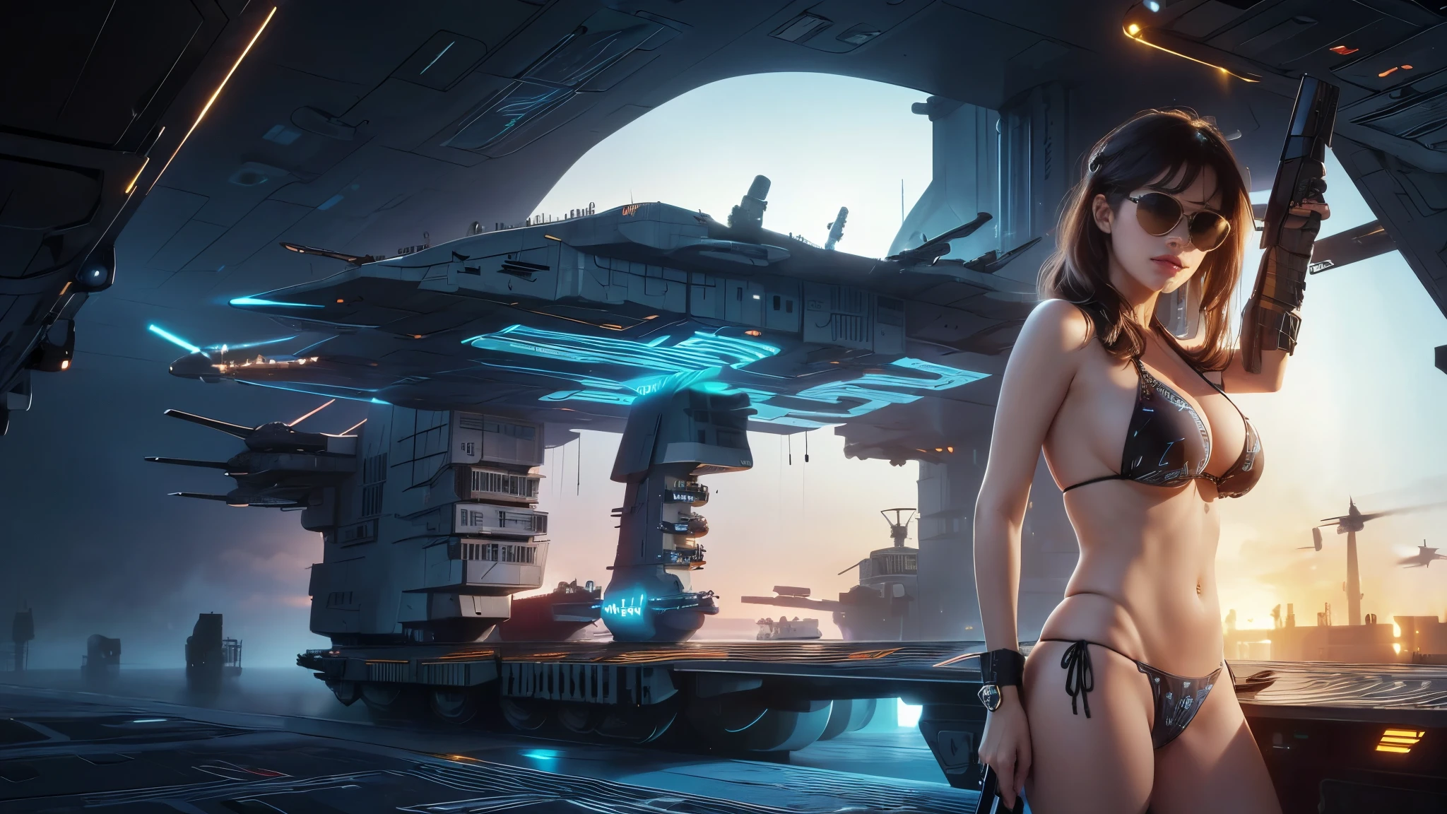 (((a large-breast bikini slim GIRL with black (micro) sunglasses))), (((((aiming at viewer with a pistol))))), a balcony of a futuristic building, aerial view of an ultra-futuristic megalopolis, metal buildings and houses in dark colors from dark blue to black, shades of metal gray, smoky metal structures, industrial environment with smoke and fog around, dark cars on the streets, desert megalopolis, modern metal rails and trains passing through, tall futuristic metal buildings, ultra modern buildings, (((((futuristic aircraft carrier))))), realistic, detailed, sci-fi.