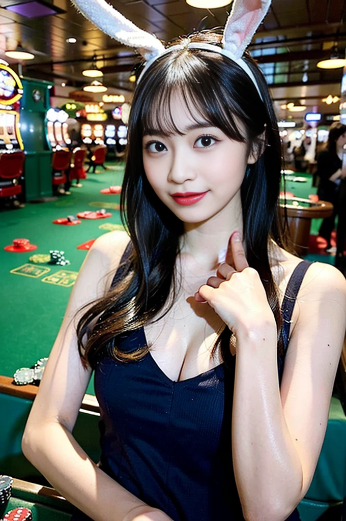 (Woman in a bunny suit、Costumes that emphasize the bust:1.3)、22 year old Japanese woman、Very beautiful woman、One Woman、solo、Cute Face、Portrait、Detailed skin texture、((Highest quality、high resolution、High resolution、High definition、masterpiece、16K:1.5))、(whole body:1.4)、Perfect proportions、Slim figure、Medium breast、D cup bust、Medium Hair、Dark Brown Hair、Loose wavy hairstyle、Bunny ears、Thin arms、Beautiful hands、Detailed face、Smiling Kindly、A ruddy complexion、Wearing high heels、High leg、sexy、((SONY α7 35mm F/ 2. 8 50 sec:1.1))、(RAW Photos、Photos like the real thing、Clear photos:1.2)、Beautiful breasts、Beautiful feet、Shapely breasts、Japanese Model、8th life、Detailed eyes、Silver grey color contacts、Direct your gaze this way、Thin eyebrows、Glossy lip gloss、Pinkish blush、Blurred eyeshadow、Long eyelashes、Beautiful neck、Beautiful décolleté line、Beautiful clavicle、((At the Casino、social scene、roulette、Macau S.A.R.:1.4))、Bright lighting、Professional Lighting、Height: 165cm、Dynamic Pose、Kneeling、Kneel、Just the right color balance、Female college student、Smiling and sticking out tongue、Narrow Face、Sharp face line、Small face、8th life、((Depth))、((Long Shot))、Long legs、Lifelike skin texture、Moisturized Skin、Anatomically correct、Gorgeous space、Luxurious chandelier、可愛い日本のFemale college studentがバニーガールのコスチュームを着ている