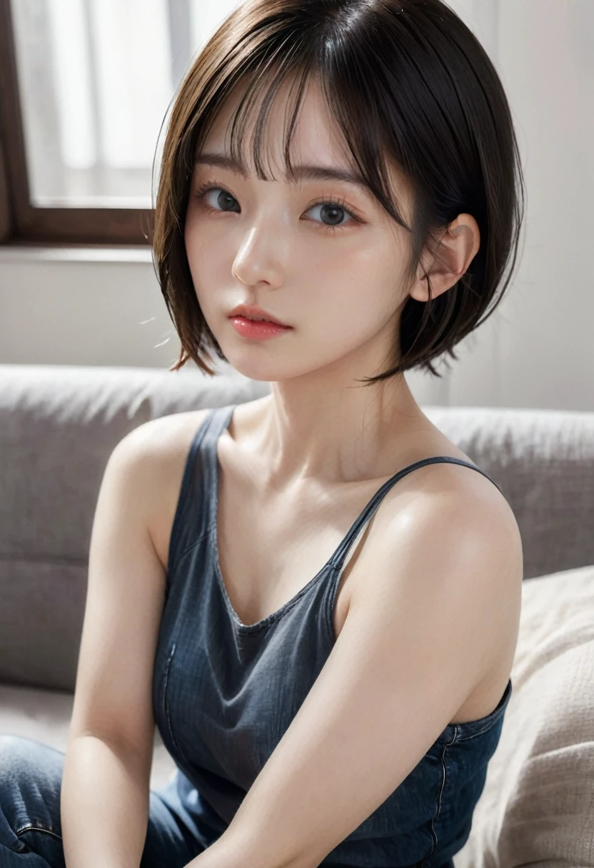 photorealistic, Photography ,BREAK, short hair woman, taking a (selfie:1.5) , (black T-shirts and denim pants), on the sofa in simple bedroom , white background, (short hair), BREAK, 8k , LAW , best-quality, masterpiece, hyper realistic detail shiny skin , natural shading , realistic shadow, BREAK (hyper realistic detail shiny skin, detailed skin, detailed hair, ultra sharpness, intricate details), perfect anatomy