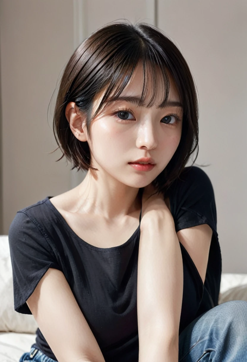 photorealistic, Photography ,BREAK, short hair woman, taking a (selfie:1.5) , (black T-shirts and denim pants), on the sofa in simple bedroom , white background, (short hair), BREAK, 8k , LAW , best-quality, masterpiece, hyper realistic detail shiny skin , natural shading , realistic shadow, BREAK (hyper realistic detail shiny skin, detailed skin, detailed hair, ultra sharpness, intricate details), perfect anatomy