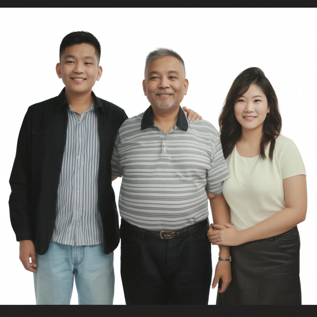 There are three people standing next to each other posing for a photo., realistic photo, scanned photo, happy family, photo taken in 2 0 2 0, full body photography, realistic photo, retouched, husband wife and son, full body photography,