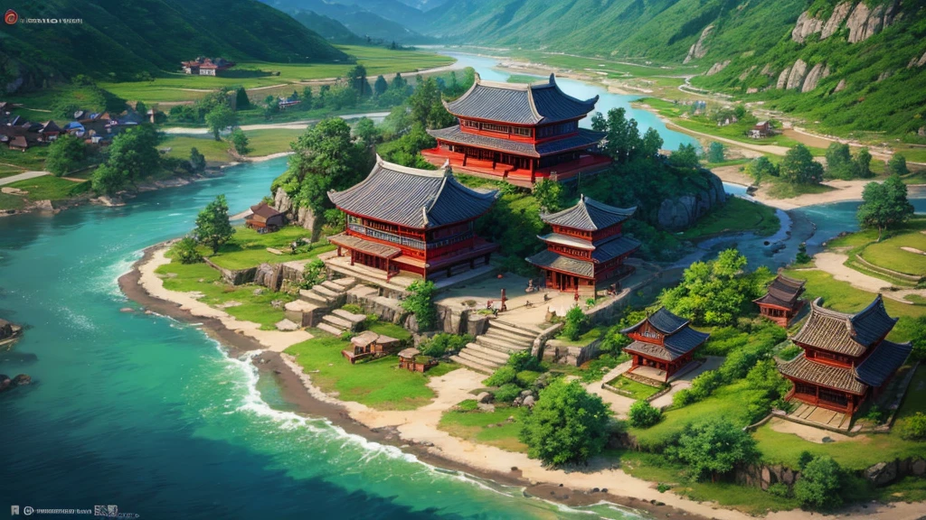 Asian ancient village seen from above, There are rivers, There are mountains, Photorealistic photos, 8K