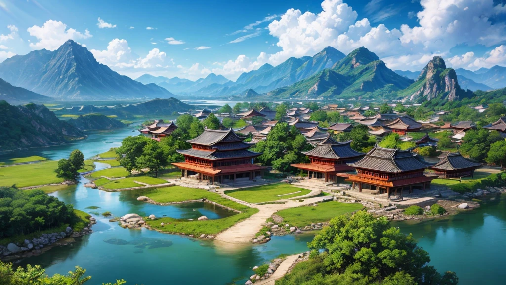 Asian ancient village seen from above, There are rivers, There are mountains, Photorealistic photos, 8K