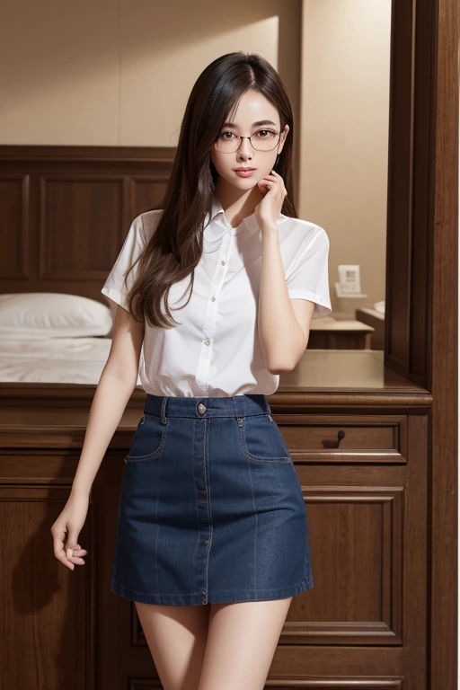 Highest quality、masterpiece、High sensitivity、High resolution、Detailed Description、Slender women、Slim Body、Glasses、Lift up the skirt、