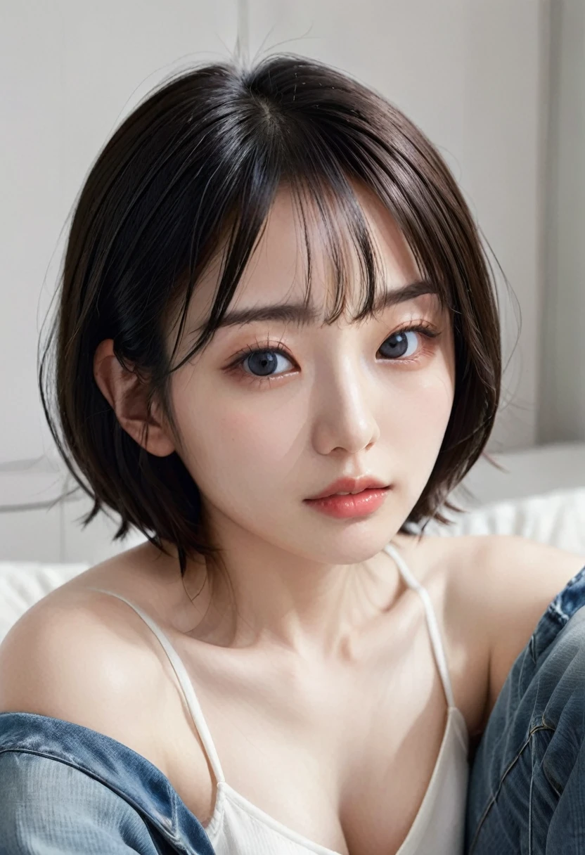 photorealistic, Photography ,BREAK, short hair woman, taking a (selfie:1.5) , (black T-shirts and denim pants), on the sofa in simple bedroom , white background, (short hair), BREAK, 8k , LAW , best-quality, masterpiece, hyper realistic detail shiny skin , natural shading , realistic shadow, BREAK (hyper realistic detail shiny skin, detailed skin, detailed hair, ultra sharpness, intricate details), perfect anatomy