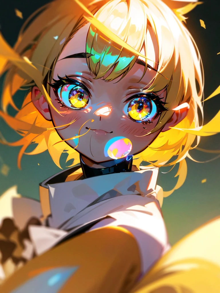 1baby loli anime girl, nekomimi, portrait, loli anime girl with short yellow hair wearing maid outfit, green emelard eyes, close up face, detailed eyes, detailed hair, emotional lovely happy expression, crystal glowing eyes, cinematic lighting, extremely detailed body, face, clothes, (best quality,4k,8k,highres,masterpiece:1.2),ultra HD, masterpiece, very very anime style, bokeh, starry shining lighting, original characters, low angle, 