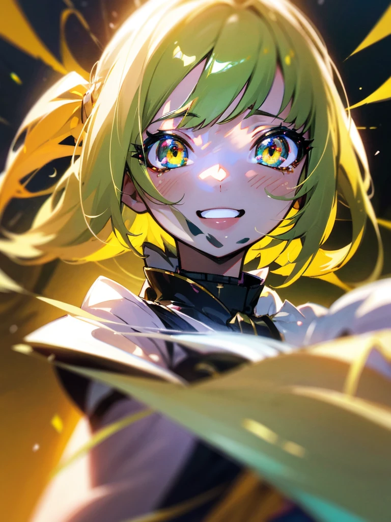 1baby loli anime girl, nekomimi, portrait, loli anime girl with short yellow hair wearing maid outfit, green emelard eyes, close up face, detailed eyes, detailed hair, emotional lovely happy expression, crystal glowing eyes, cinematic lighting, extremely detailed body, face, clothes, (best quality,4k,8k,highres,masterpiece:1.2),ultra HD, masterpiece, very very anime style, bokeh, starry shining lighting, original characters, low angle,